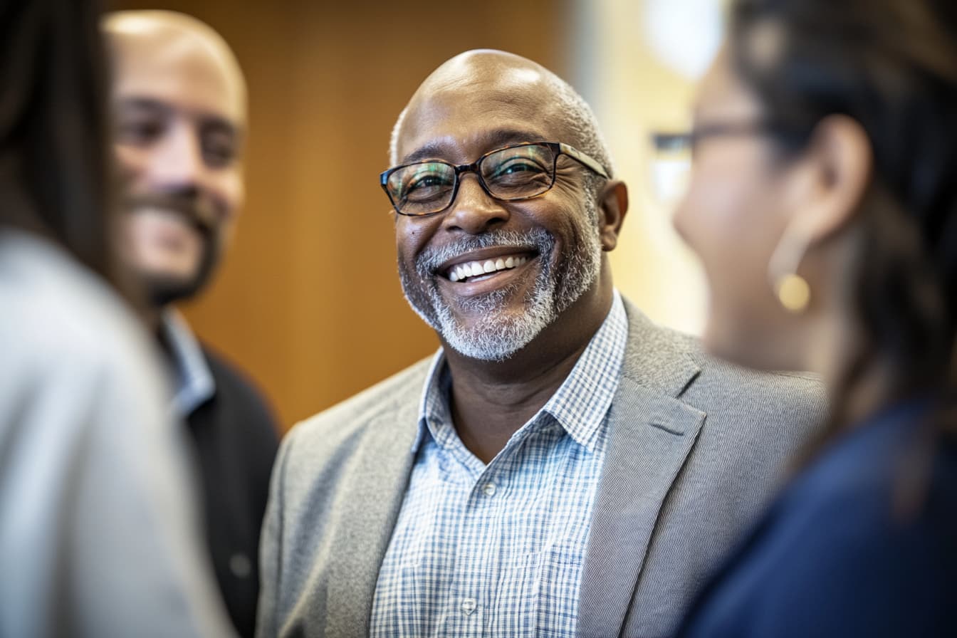 A smiling man in a light gray blazer and glasses is the focal point of this image, engaging in conversation with others in a warmly lit setting. The people around him are slightly out of focus, emphasizing his friendly, welcoming expression in what appears to be a professional or networking event.