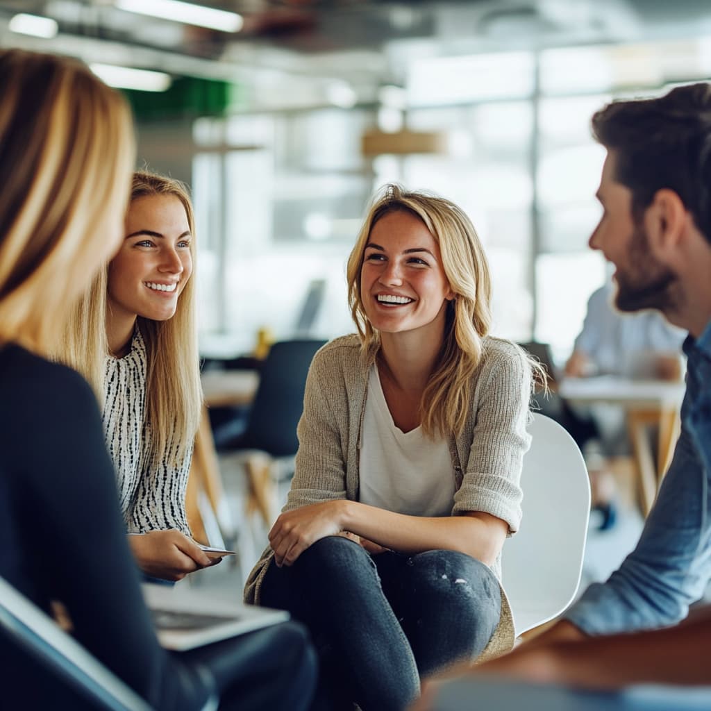 Four young professionals are seated in a casual circle, laughing and chatting in a brightly lit modern office. The relaxed, open setting and their engaged body language give off a friendly, collaborative vibe.