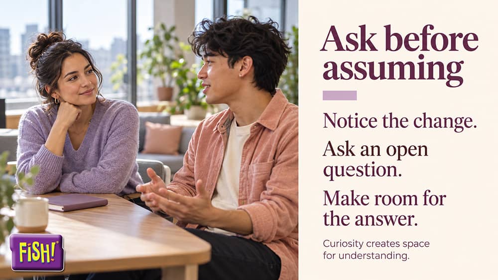 FISH! Philosophy employee wellbeing image of a manager listening to an employee at a table, beside the words Ask before assuming, Notice the change, Ask an open question, and Make room for the answer.
