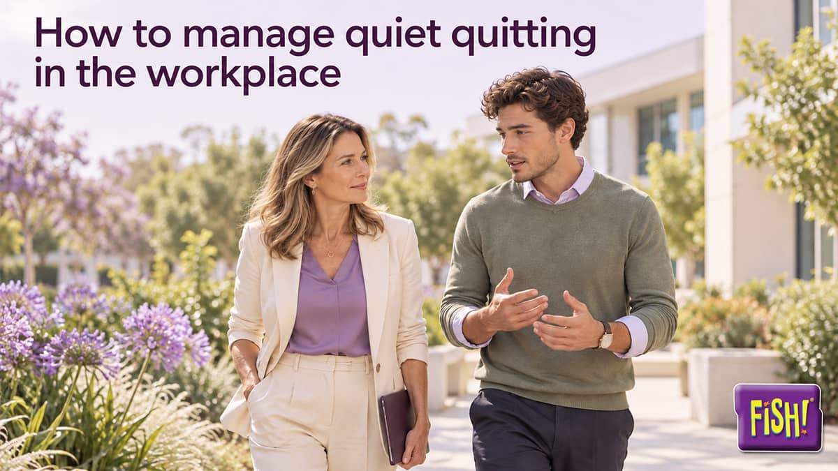 Manager and employee talking during a walking one-on-one outside the office under the heading How to manage quiet quitting in the workplace, FISH! Philosophy