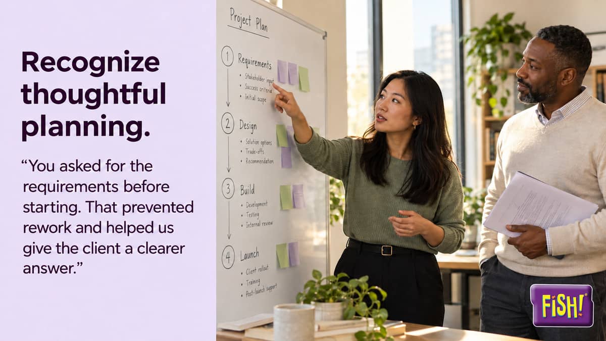 Manager recognizes an employee for thoughtful planning at a project-plan whiteboard — an employee recognition example from FISH! Philosophy.