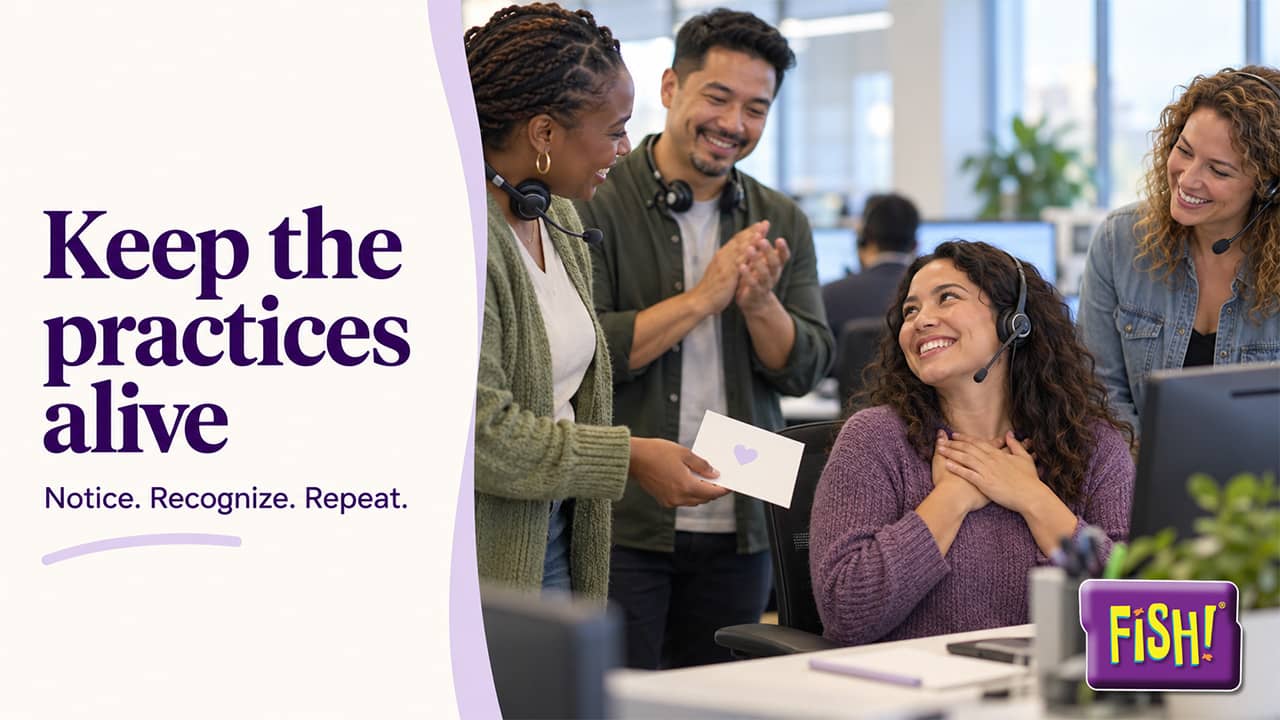FISH! Philosophy customer service training in practice: call center coworkers in headsets applauding as a teammate receives a thank-you card, beside the words Keep the practices alive. Notice. Recognize. Repeat.