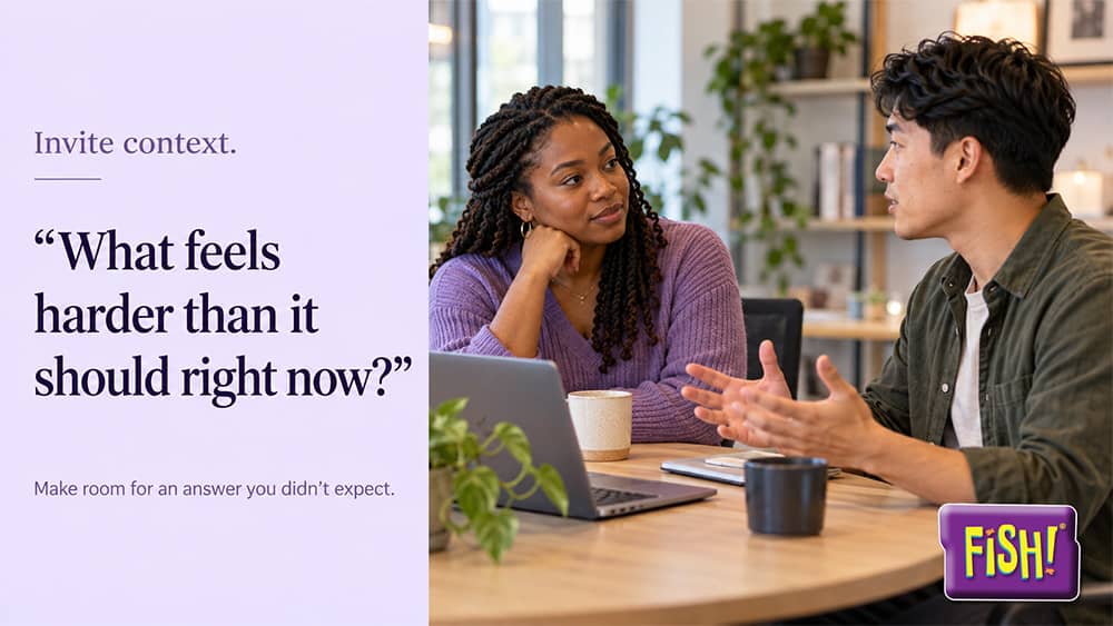 FISH! Philosophy image of a manager listening as an employee talks at a café table, next to the open question What feels harder than it should right now?