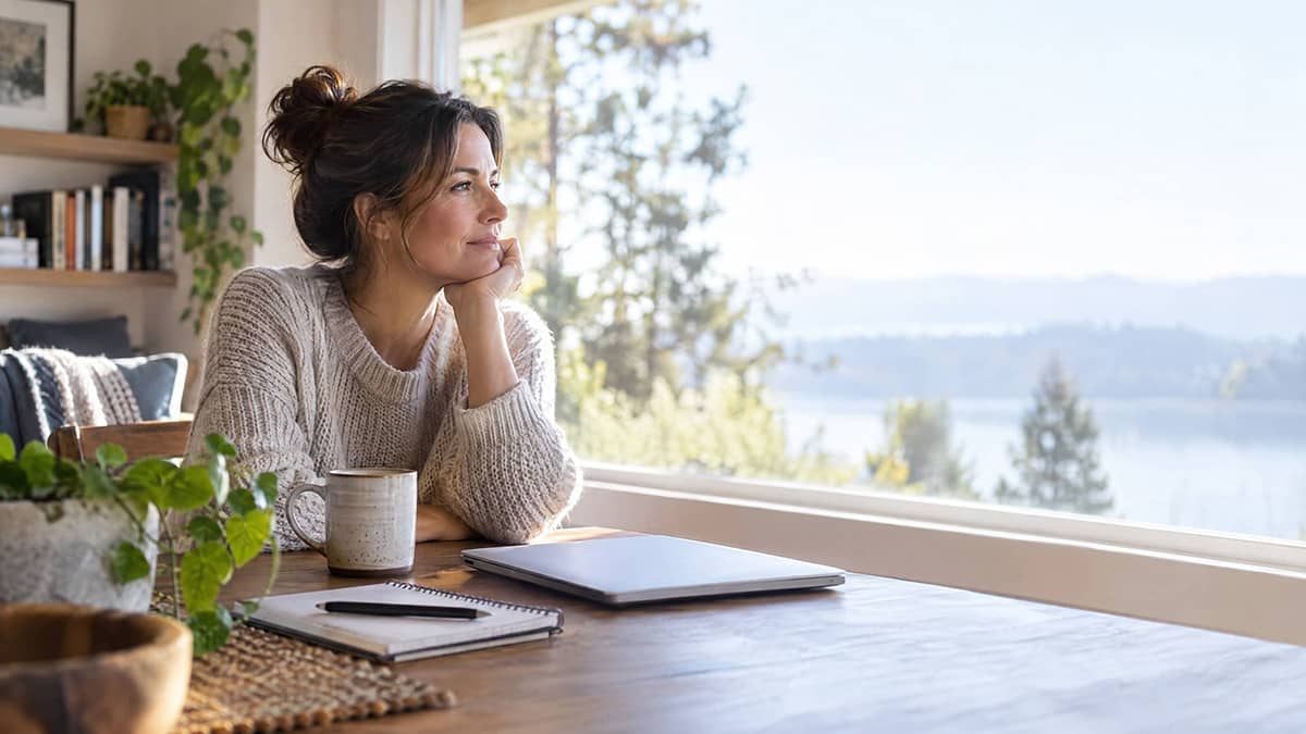 Working on weekends by choice — a woman calmly working at home on a weekend morning, a FISH! Philosophy take on healthy work-life balance