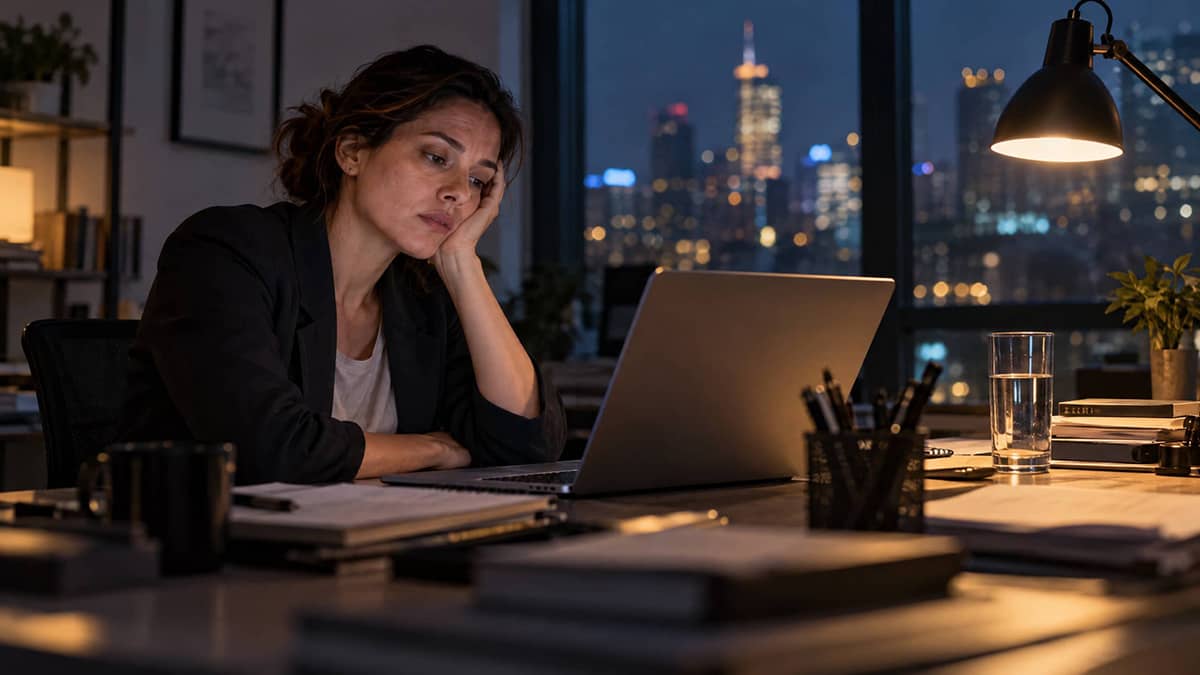 An overworked employee working late at night, a warning sign of burnout, from the FISH! Philosophy guide on working on weekends