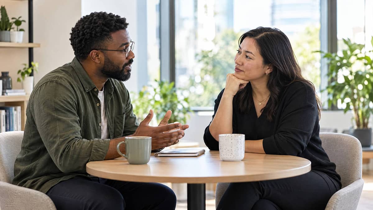 A supportive one-on-one conversation about workload and work-life balance, illustrating the FISH! Philosophy approach to leadership